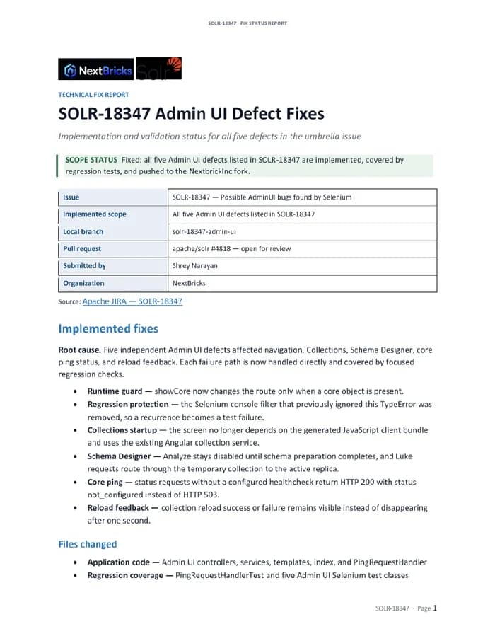 Cover of SOLR-18347 Admin UI defect fixes