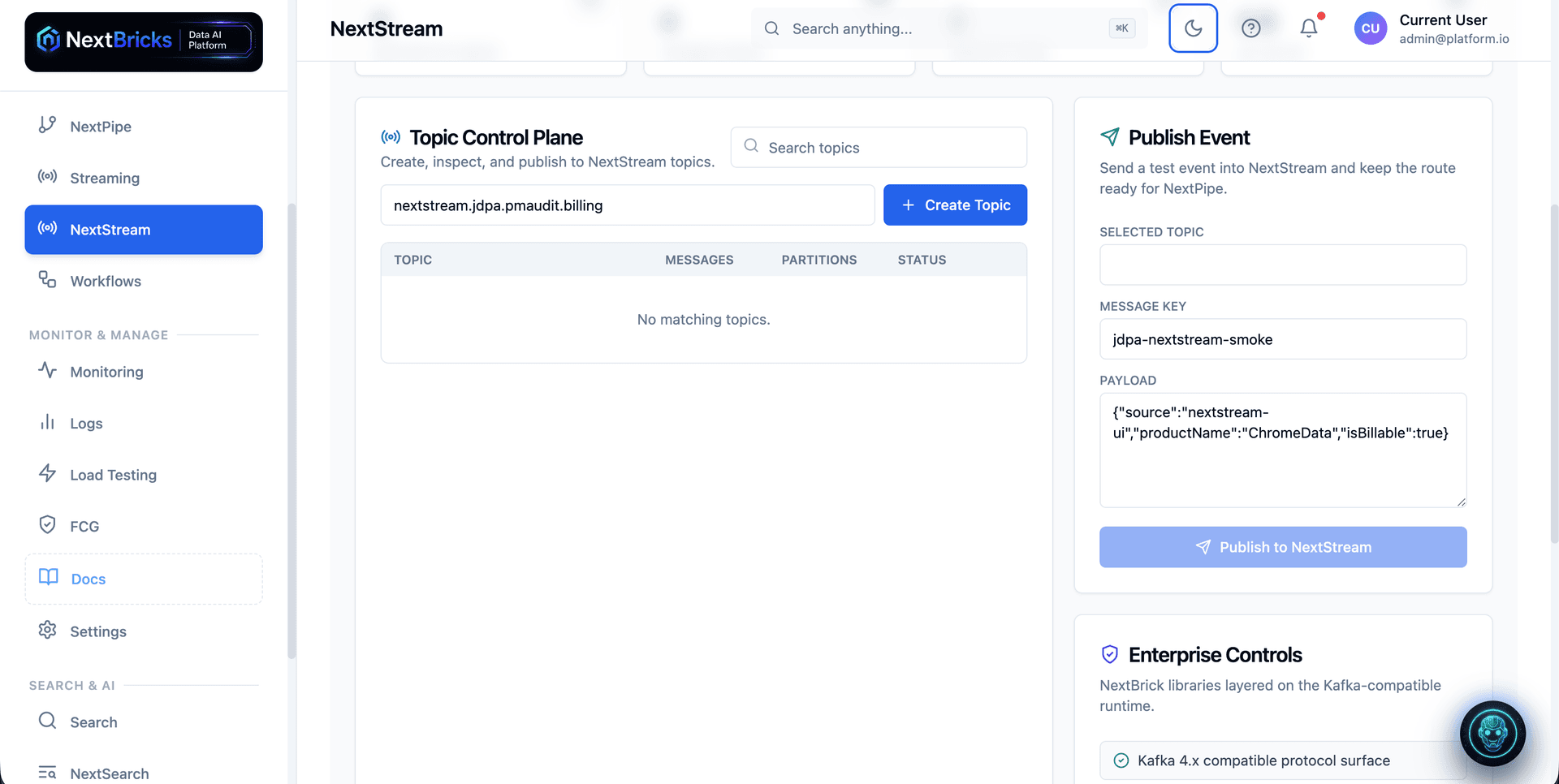 NextStream topic control plane with topic creation, test-event publishing, and enterprise streaming controls