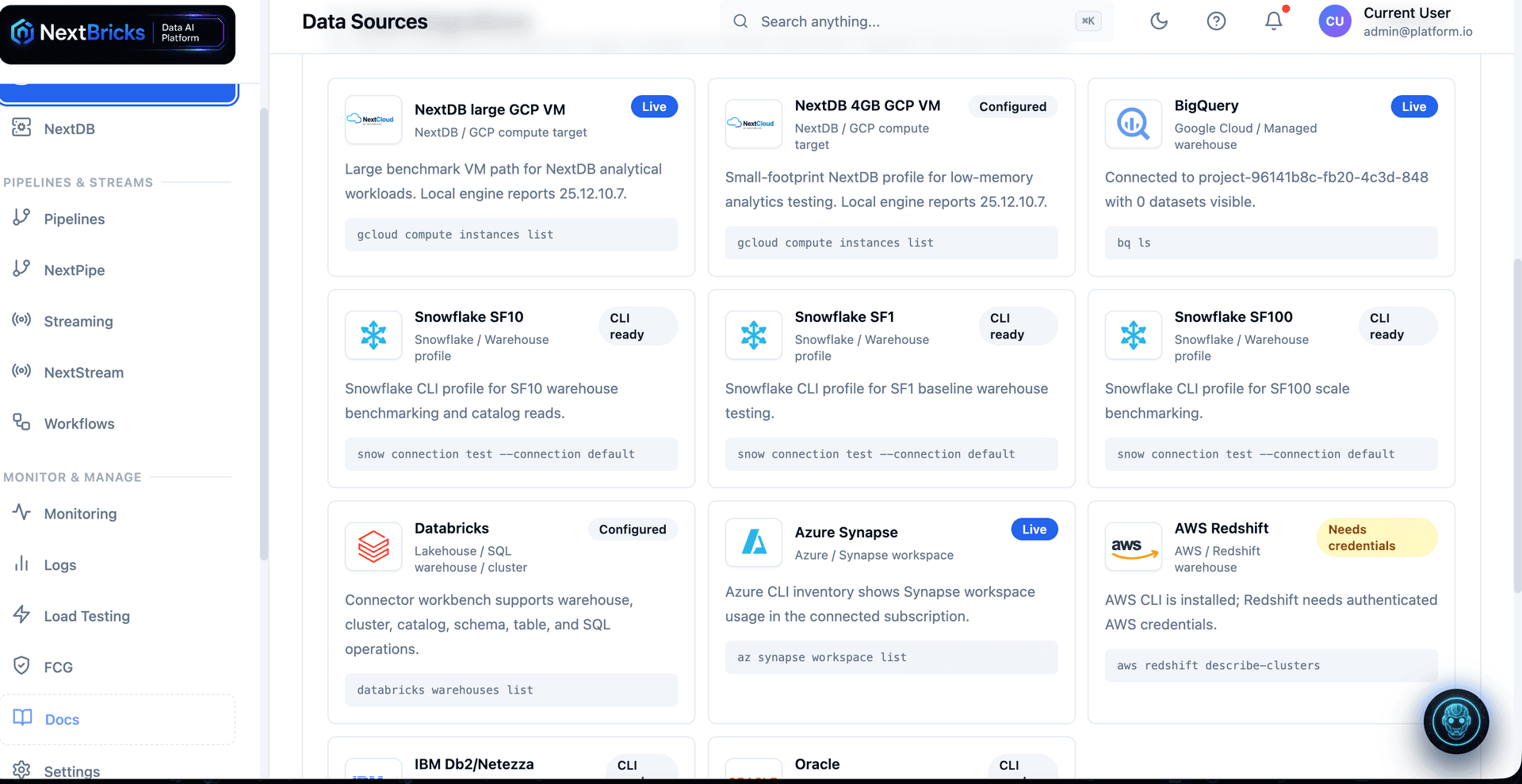 NextBricks Data AI Platform source catalog across cloud warehouses and NextDB compute targets