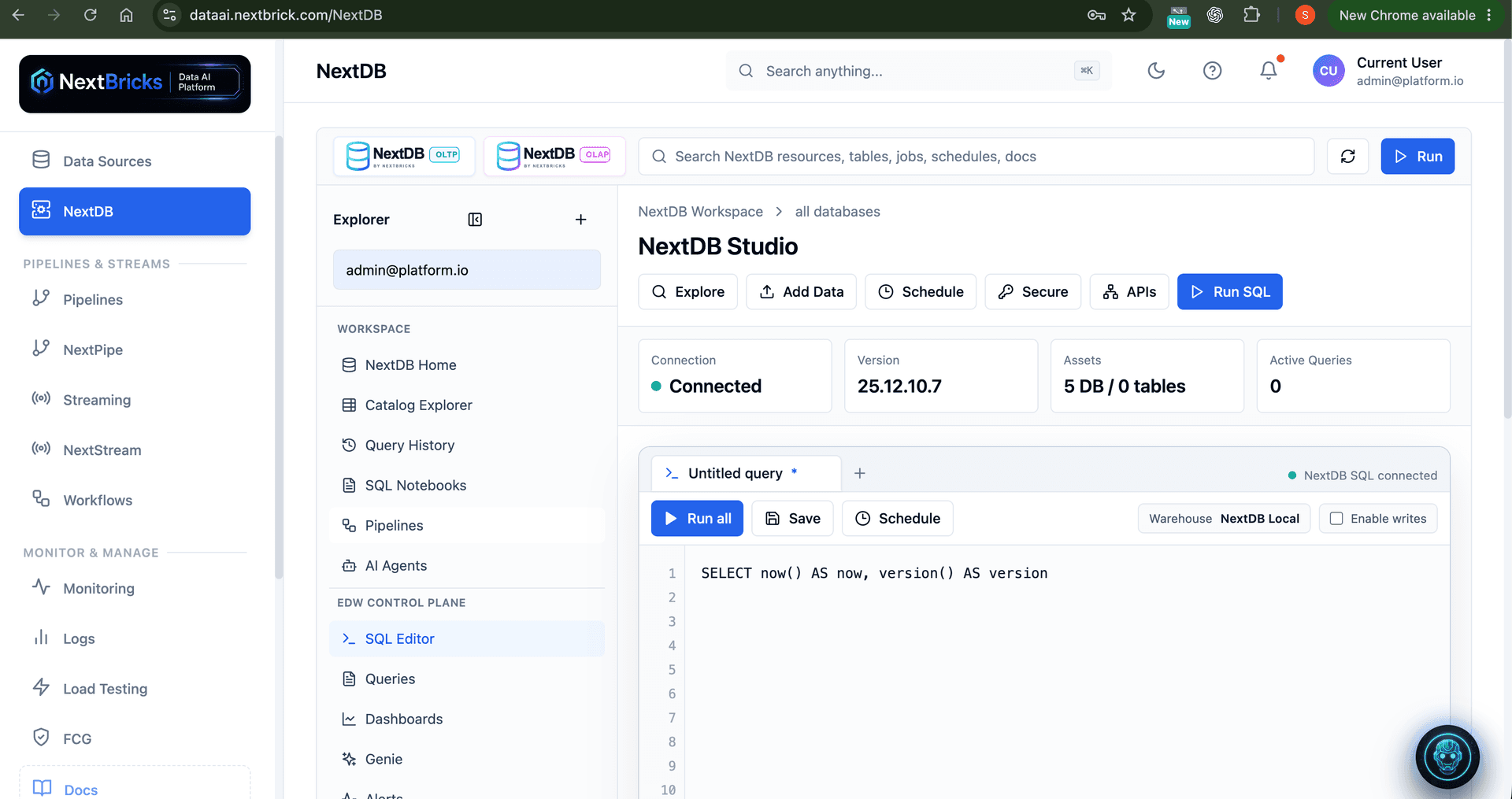 NextDB Studio inside the NextBricks Data AI Platform with SQL editor, APIs, schedules, and security controls