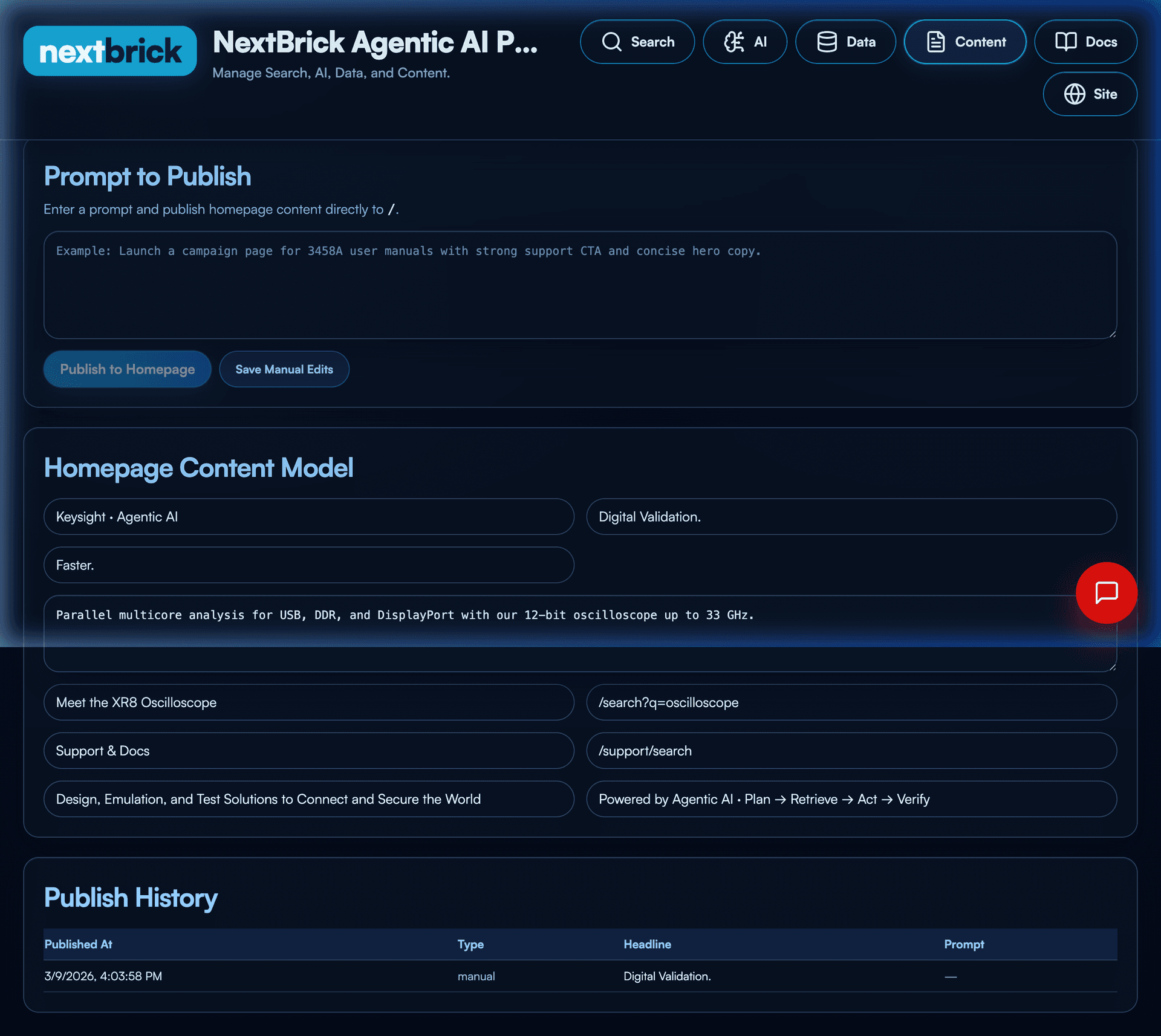 NextCMS AI-assisted publishing workspace with prompt-to-publish controls and a structured homepage content model