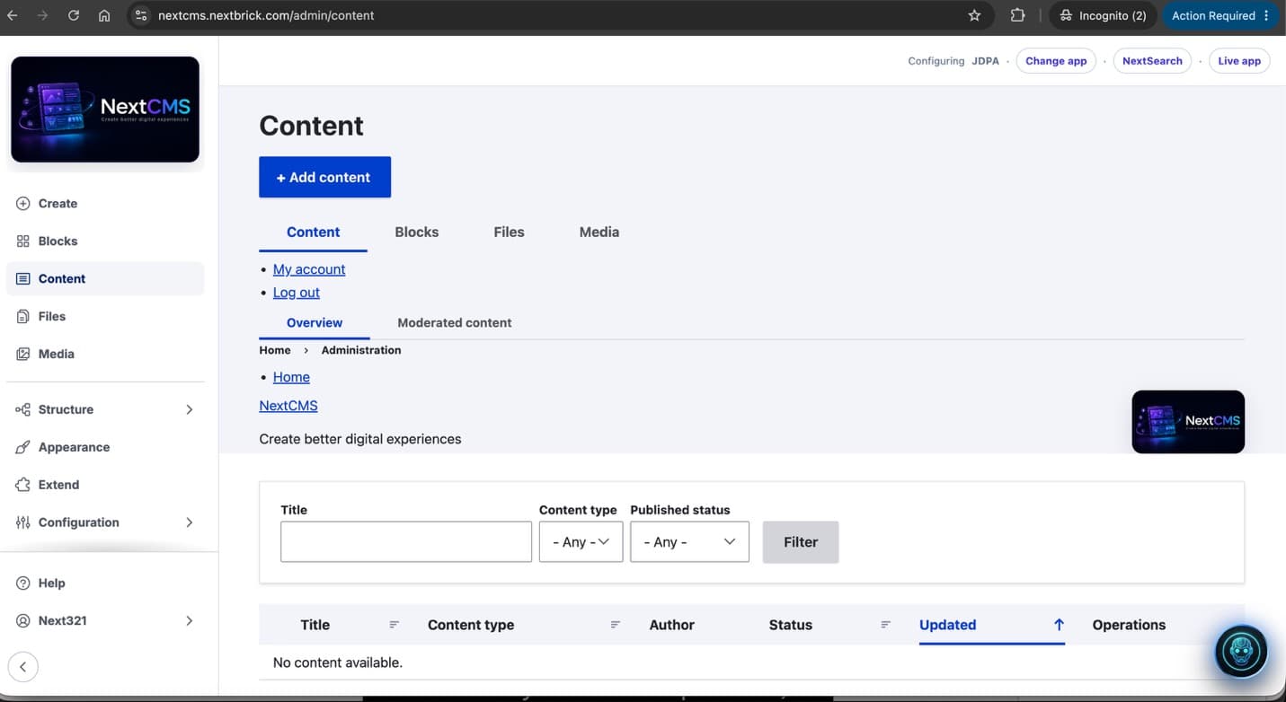 NextCMS content administration workspace for the JD Power application