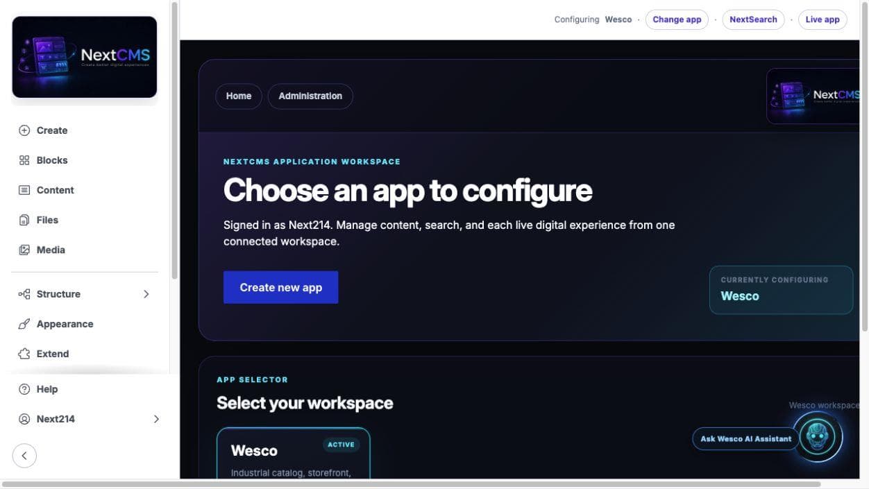 NextCMS application workspace for selecting and configuring the Wesco digital experience