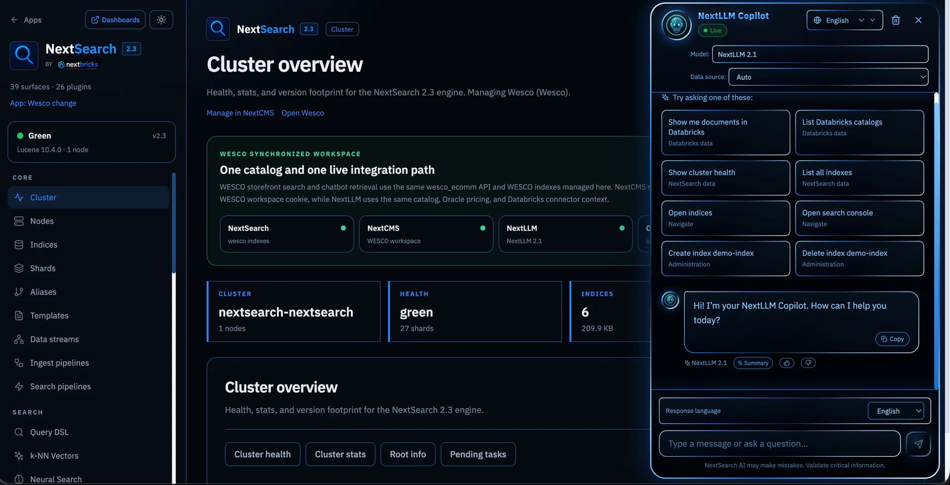 NextSearch cluster overview and NextLLM Copilot product interface