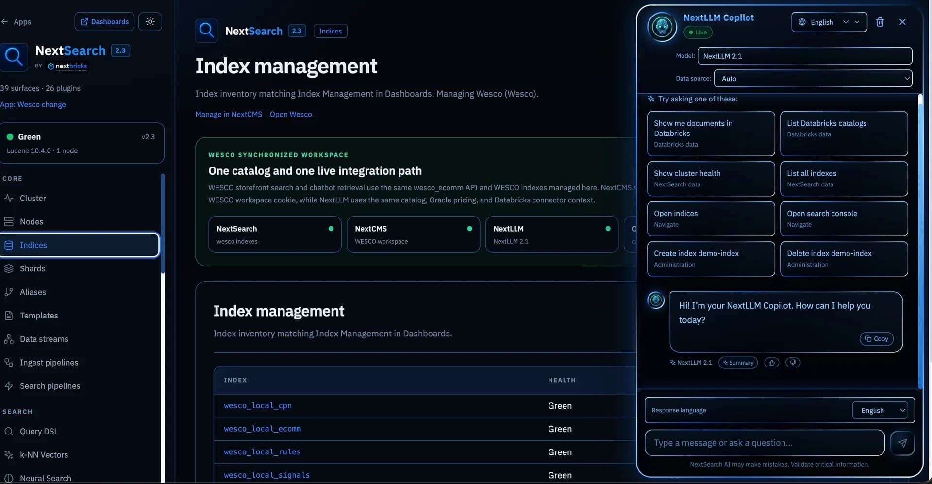NextSearch index management workspace with connected NextCMS, NextLLM, and NextLLM Copilot