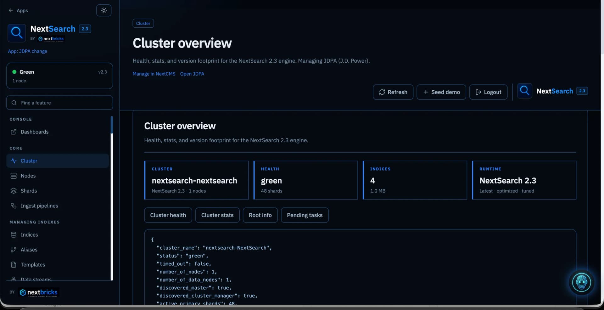 NextSearch 2.3 cluster overview showing green health, four indexes, 48 shards, and cluster administration controls