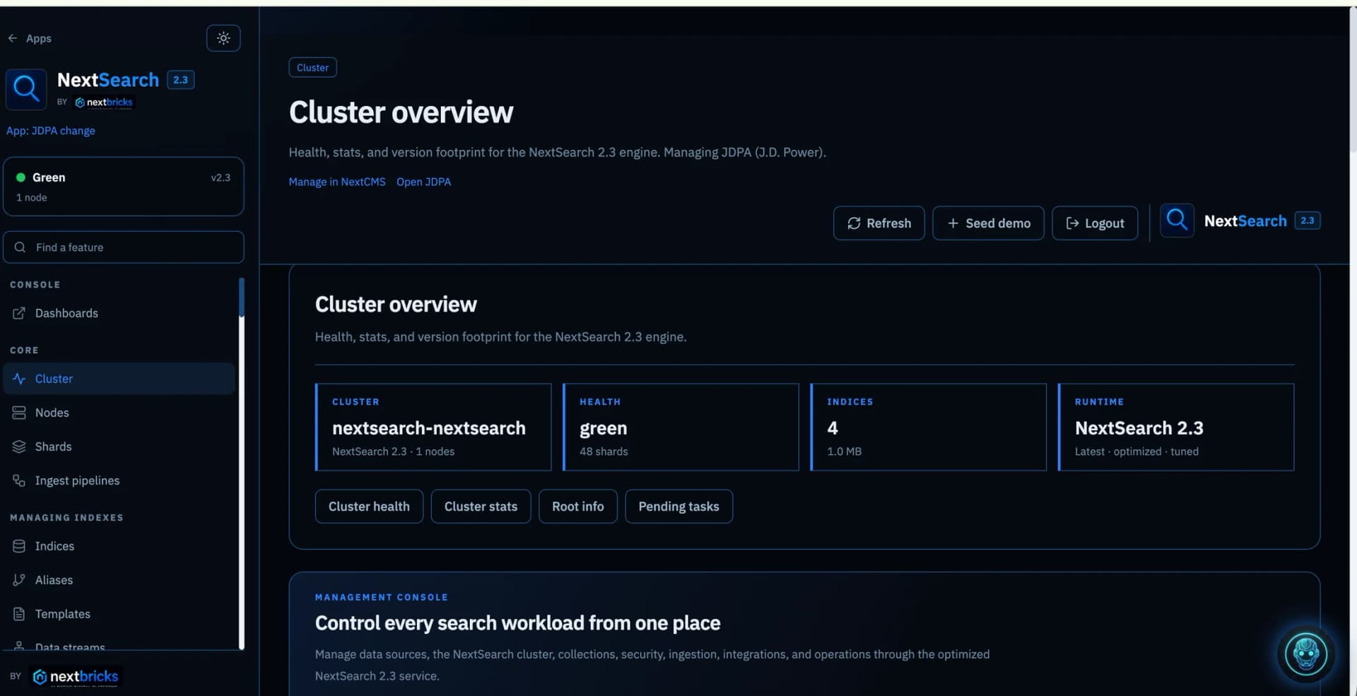 NextSearch 2.3 management console with cluster metrics and controls for enterprise search workloads