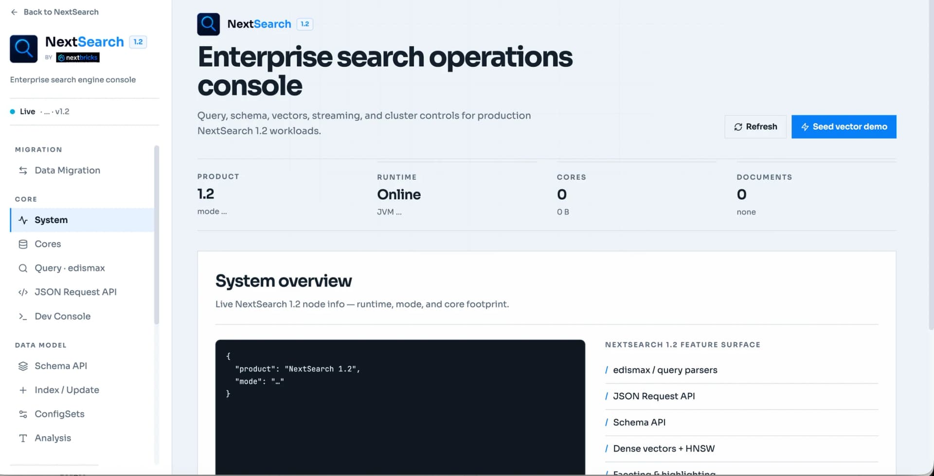 NextSearch enterprise operations console with cluster, query, schema, and vector-search controls