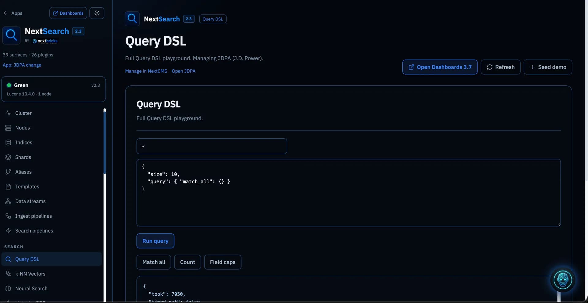 NextSearch Query DSL playground with editable query JSON and response panel