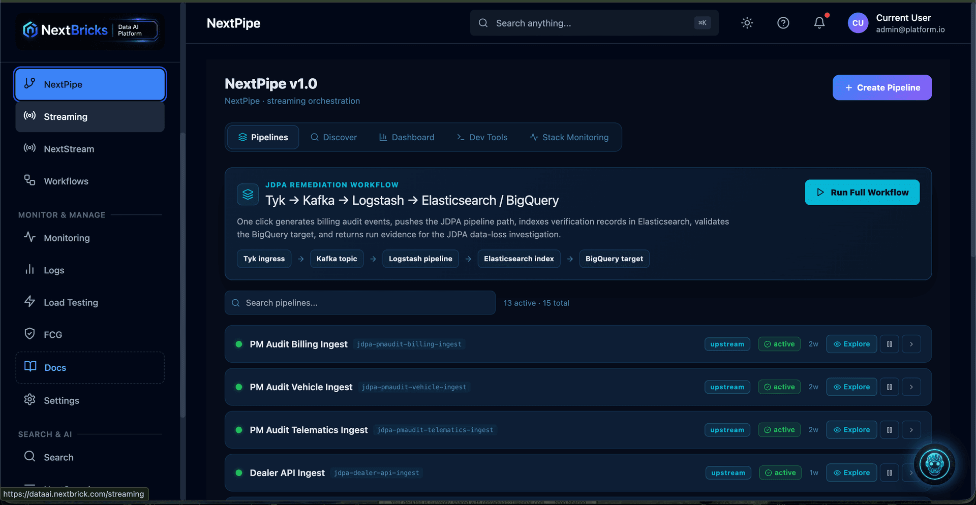 NextPipe live pipeline orchestration console with remediation workflows, pipeline inventory, monitoring, and operational controls