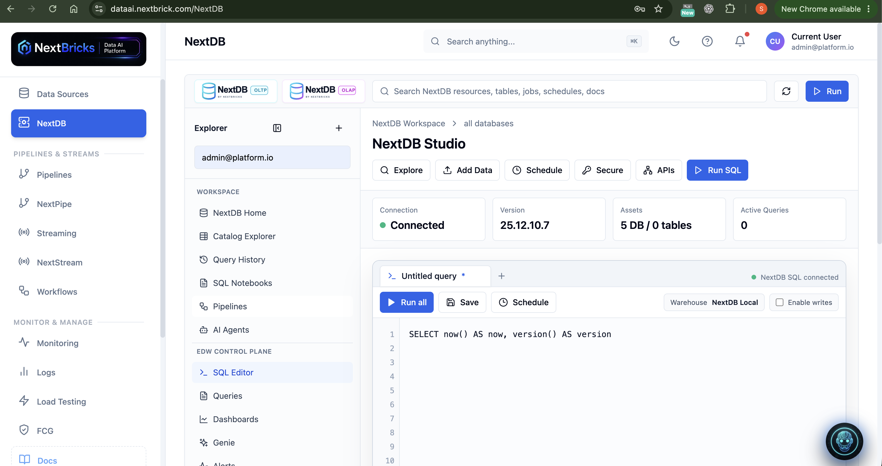 NextDB Studio inside the NextBricks Data AI Platform with SQL, APIs, schedules, and security controls