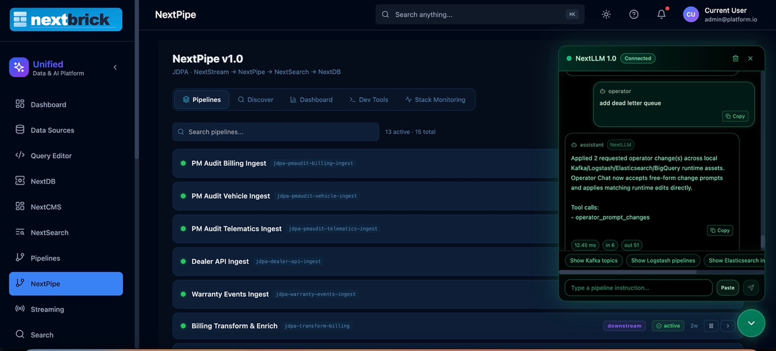 Unified Data & AI Platform — NextStream, NextPipe, NextSearch, and NextDB pipelines